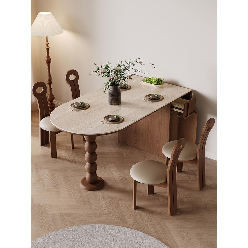 折叠餐桌洞石岩板法式复古家用小户型折叠椭圆形中古风靠墙饭桌