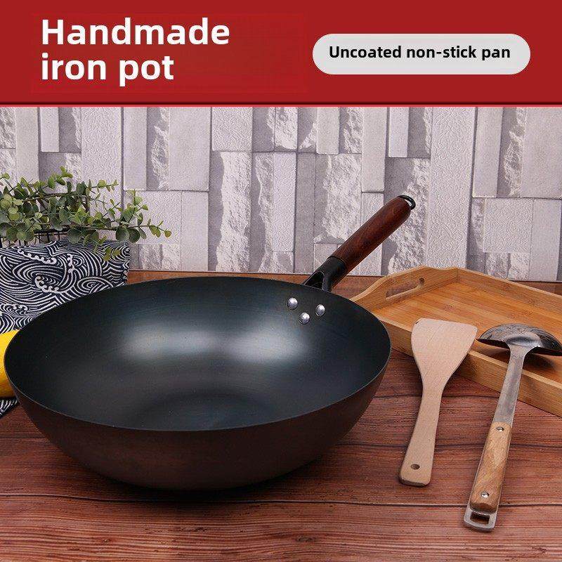 章丘平底铁锅无涂层不粘锅传统老式家用尖底锅，适用于燃气灶