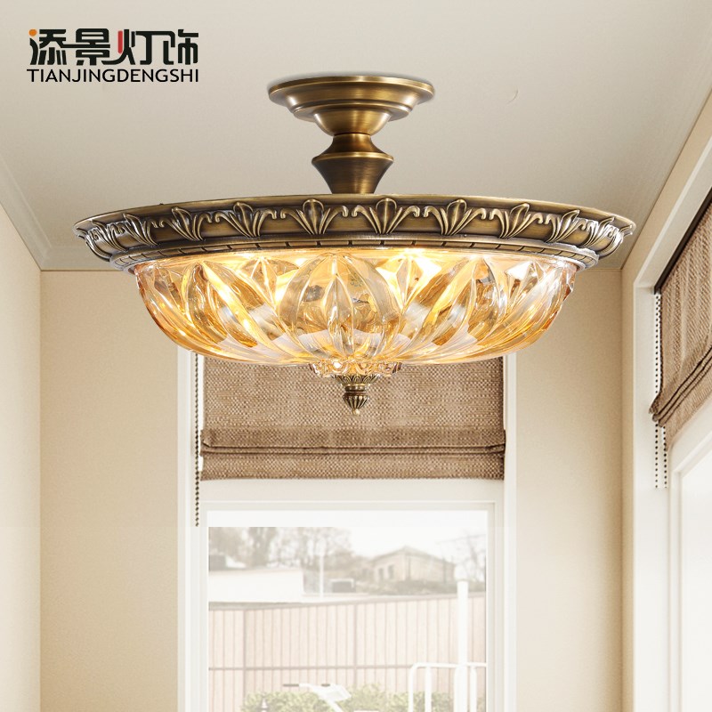 全铜半吸顶灯简欧卧室纯铜灯饰B复古餐厅灯轻奢入户玄关半吊灯