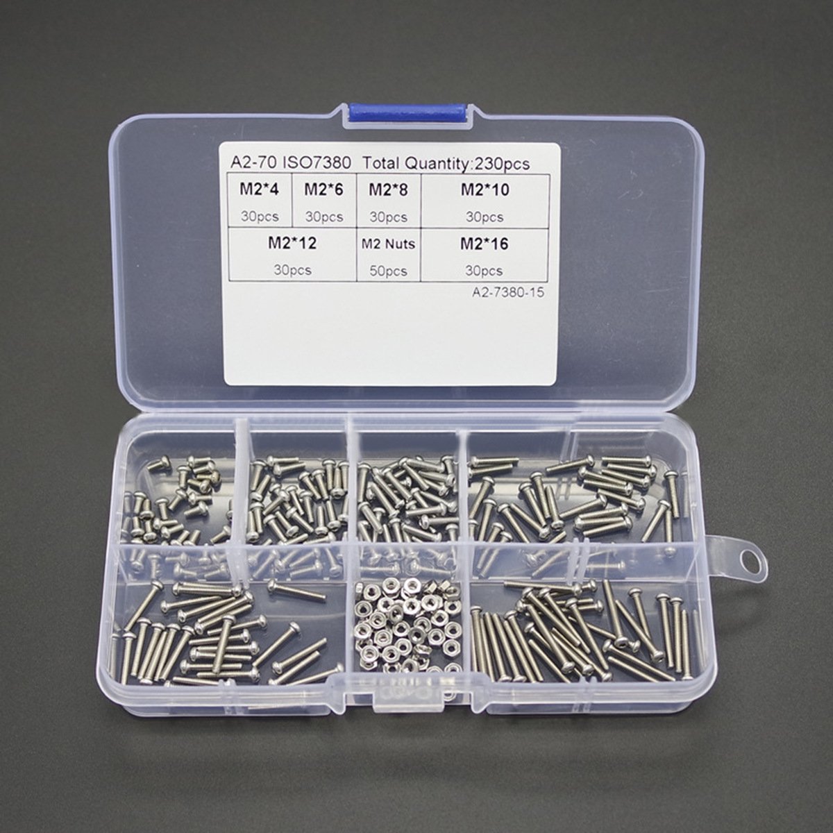 230pcs M2 配螺母 不锈钢304 盘头内六角螺丝螺母组合套装