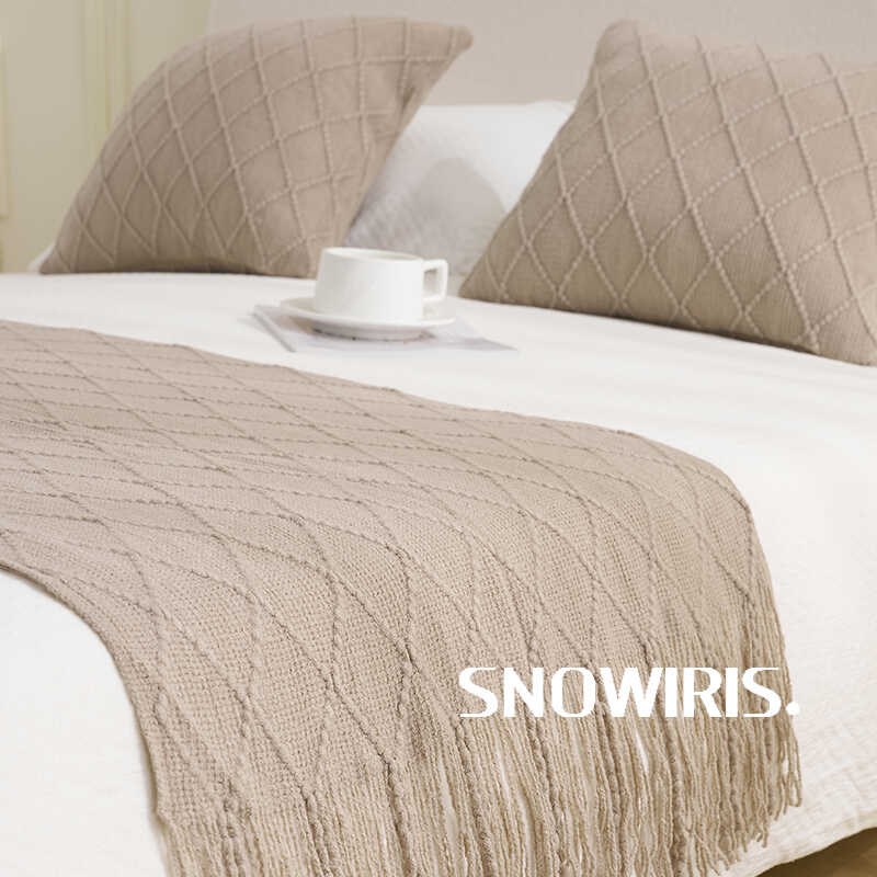 北欧复古民宿床尾巾菱形格纯w色百搭针织毯床尾毯搭巾样板房装饰