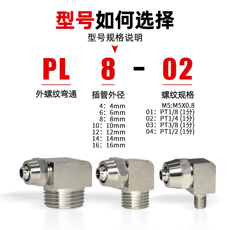气动PL锁母e弯通快拧气管接头2分3分M5螺纹金属10/8/4mm气线快插