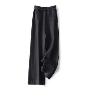 宽松显瘦直筒 黑色腰带亚麻九分阔腿裤 女2024新款 小个子夏N季 薄款