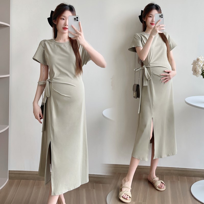 孕妇装夏装时尚简j约气质短袖连衣裙夏季韩版怀孕裙子开叉孕妇裙