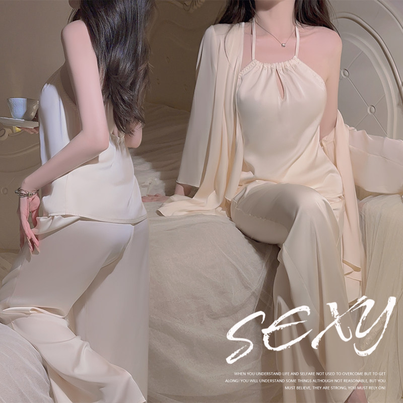 维多利亚性感风真丝睡衣女春秋款三件套性感挂脖露背桑蚕丝家居服