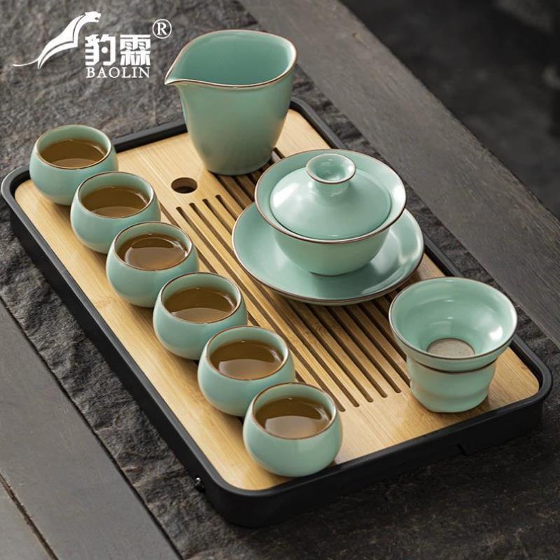 汝窑天青釉茶具套装家用办公功夫茶具礼盒三才盖碗茶壶茶组