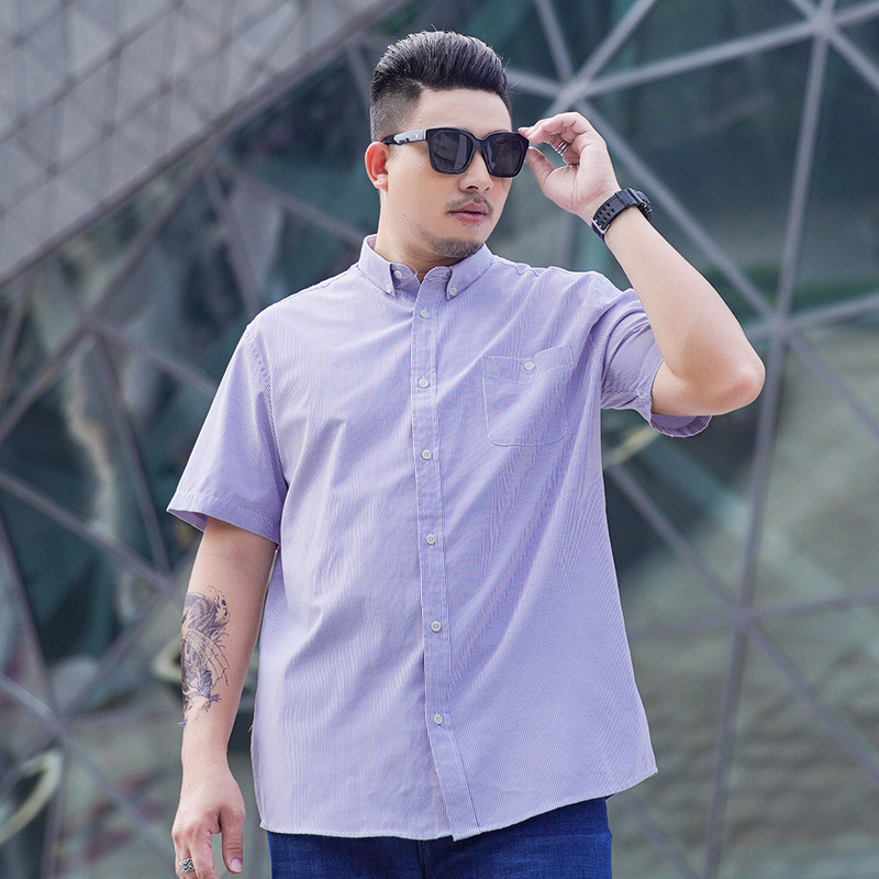 300斤加大码男装夏季短袖衬衫男士细条纹商务休闲衬衣半截袖胖子