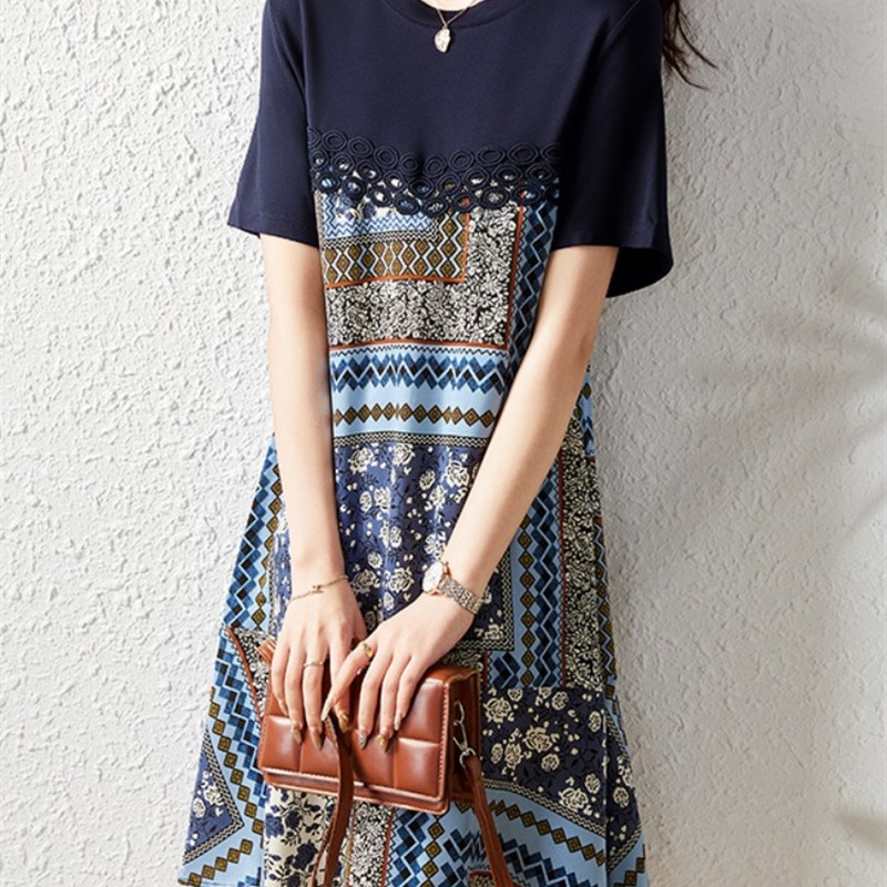 九月墨陌雪纺拼接连衣裙薄款2023夏季时尚宽O松裙子气质休闲a字裙