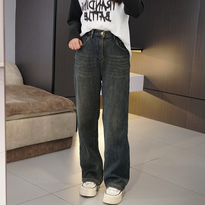 高品质加厚加绒直筒牛仔裤大码女胖mm冬装N贴标后松紧弹力做旧长