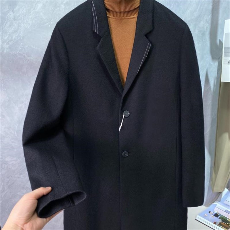 秋冬羊毛呢子大衣黑色中长款男士风衣外套修身商务休闲上衣帅D55
