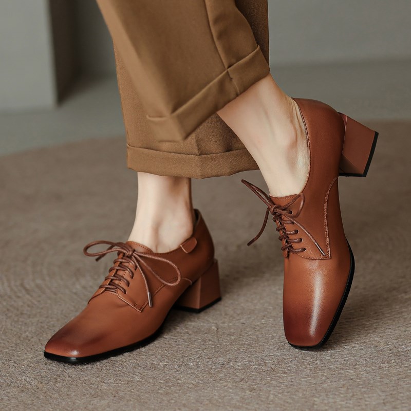 经典小皮鞋真皮复古风女鞋粗跟英伦单鞋系带黑P色春季新款中跟鞋