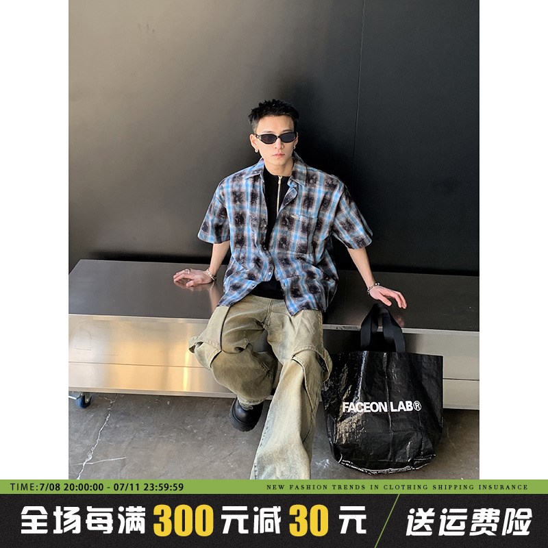 PLTH*美式休闲慵懒设计感做旧格子衬衫复古宽松百搭日常夏季短袖