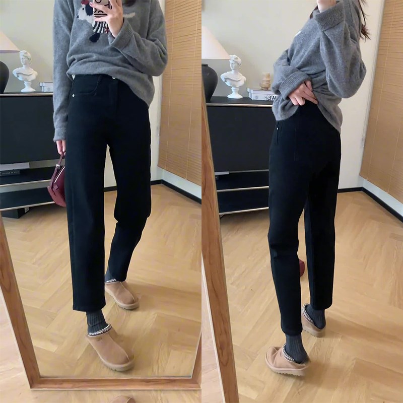大码女装加绒加厚黑色直筒牛仔裤胖C妹妹mm梨型身材高腰显瘦九分