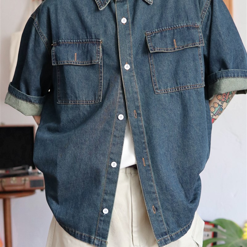 廓形夏季美式重磅复古工装口袋牛仔衬衫男宽松水洗短袖夏季衬衣