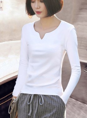 白色长袖T恤女德绒打底衫女内搭春秋冬2H024年新款小众设计感小V