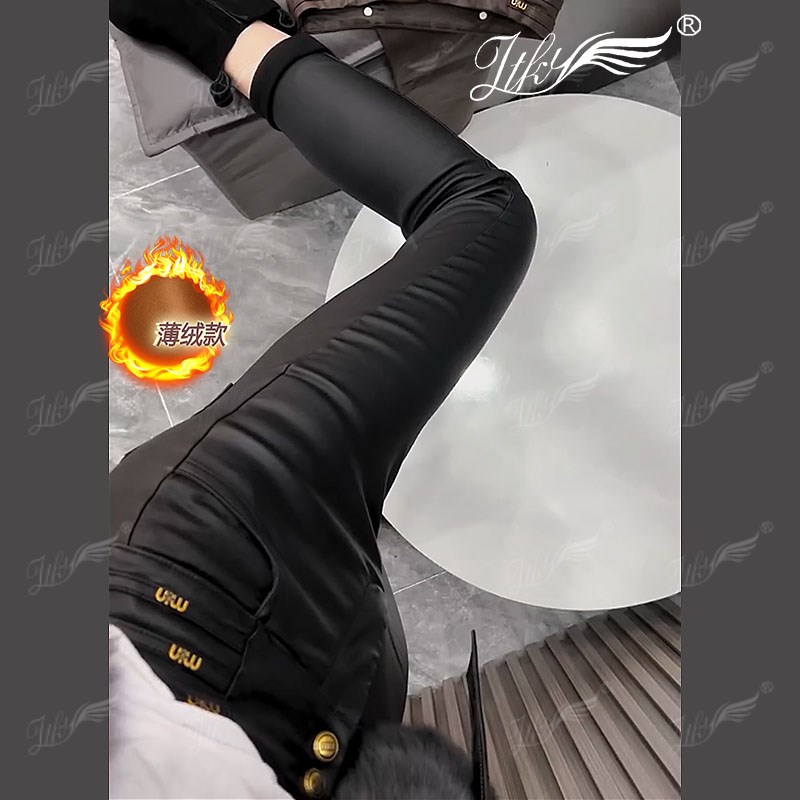 欧货加绒涂层打底裤女秋冬u新高腰显瘦纯色修身铅笔小脚休闲PU皮