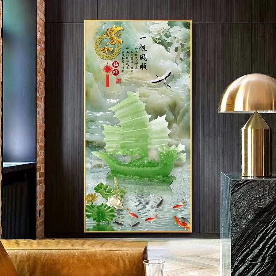 一帆风顺入户玄关装饰画走廊过道镶钻挂画高级感LED人体感应灯光