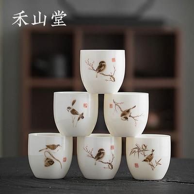 禾山堂羊脂玉功夫小茶杯套装六祇高档陶瓷中式功夫茶具品茗杯客杯