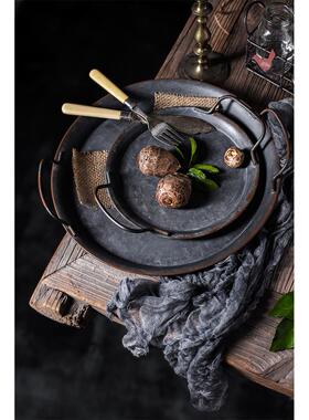[做旧铁艺提手托盘]ins风覆古圆形收纳盘美食摄影【蜗牛道具铺】