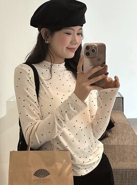 波点白色打底衫女内搭半高领2024新款高级感早秋修身长袖T恤上衣