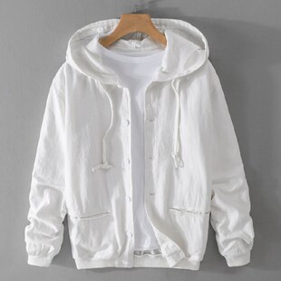 连帽亚麻外套男春秋季休闲宽松开衫卫衣带帽夹克复古棉麻上衣潮流