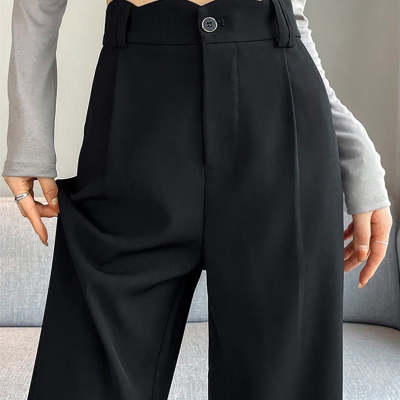 黑色设计感裤子女春夏款梨形身材大码胖mm显瘦高腰垂感阔腿西装裤