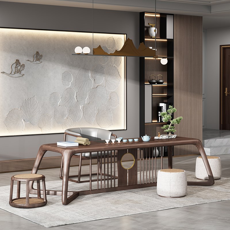 新中式胡桃木高端茶桌新款办公室售楼处实木茶台禅意家用泡茶桌