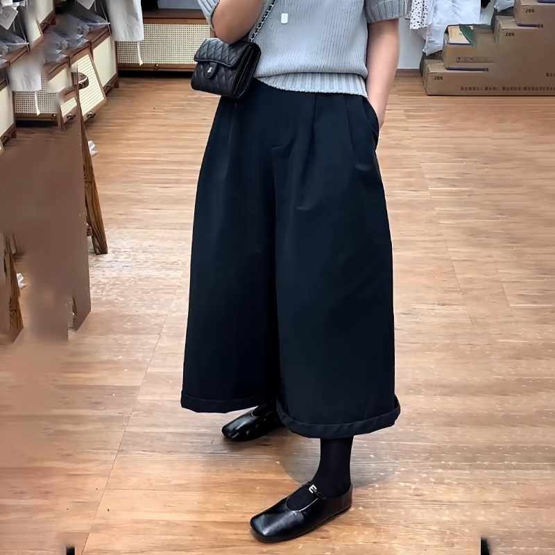 黑色高腰休闲九分阔腿裤女2025年夏季新款韩版简约小个子显瘦裤子