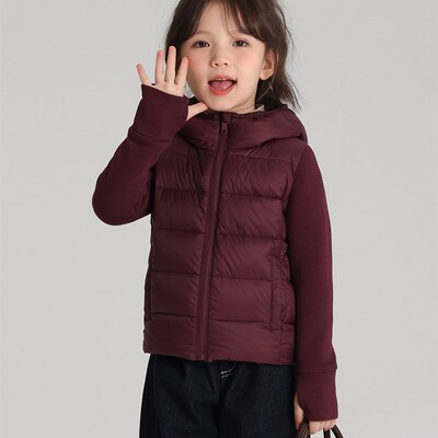 女童初冬拼接袖羽绒服外套2024冬季新款儿童纯色连帽轻薄羽绒服