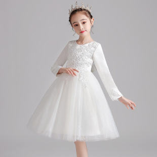 女童白色婚纱连衣裙花童公主裙蓬蓬纱裙子春秋冬长袖儿童演出礼服