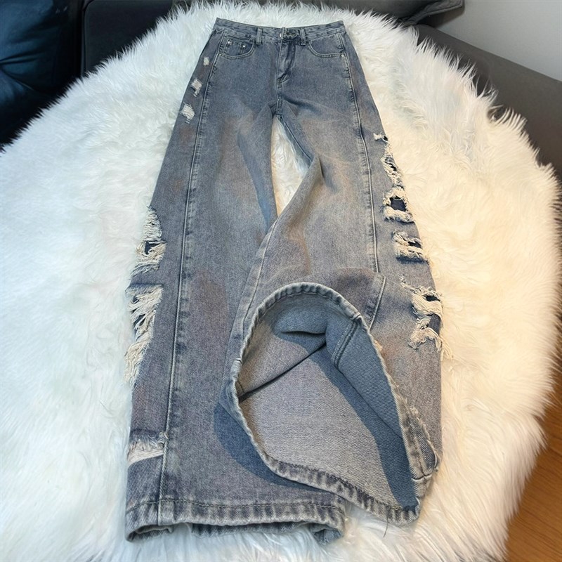 大码女装胖mm蓝色破洞阔腿牛仔裤美式复古宽松高腰显瘦直筒裤子女