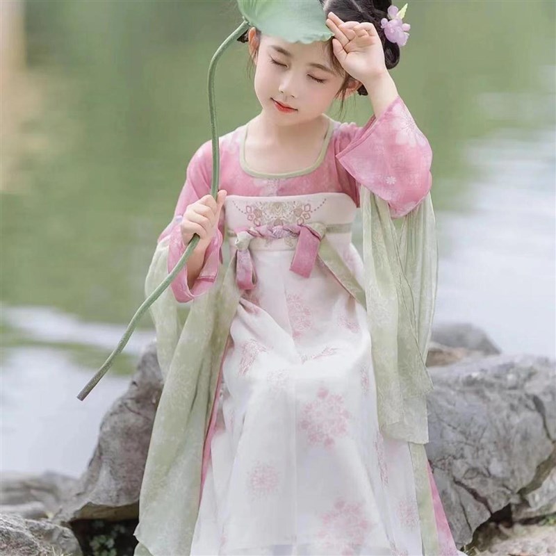 汉服女童超仙飘带连衣裙薄款襦裙中国风古装粉色甜美刺绣裙唐代