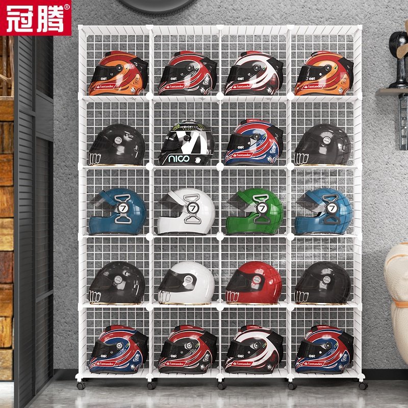 头盔置物架带轮可移动落地机车装备电动车全盔半盔铁艺网格展示架