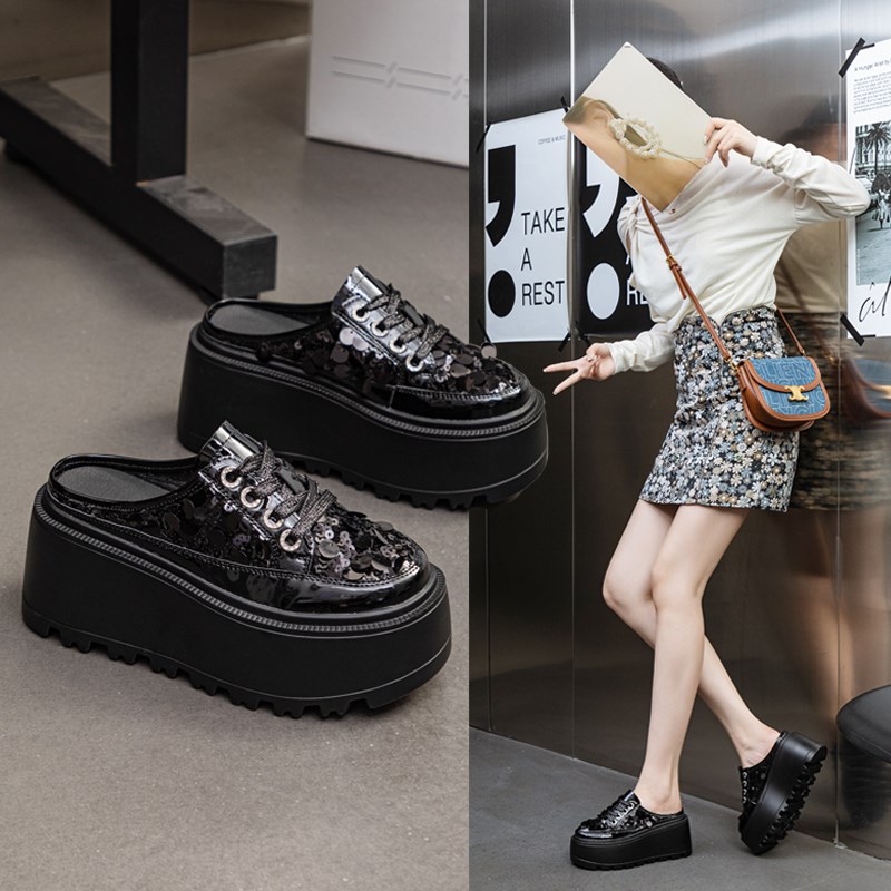 包头外穿半拖鞋女2025夏亮片透气网面凉拖厚底松糕小个子8cm鞋潮