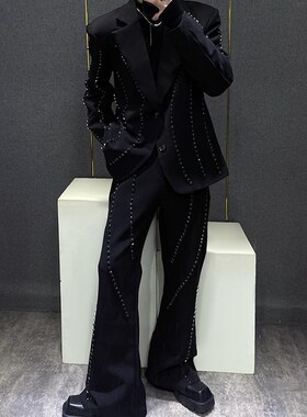 黑色西服套装男士小众钉珠装饰设计高级感新款休闲西装外套两件套