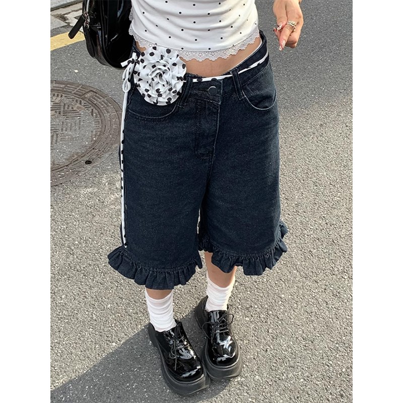 复古宽松荷叶边阔腿牛仔短裤女2025夏季新款高腰显瘦中裤五分裤