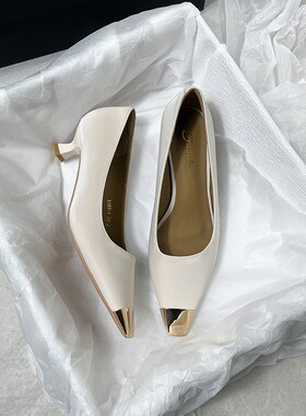 白色高跟鞋女细跟高级感p2024新款气质中跟金属法式晚风方头单鞋