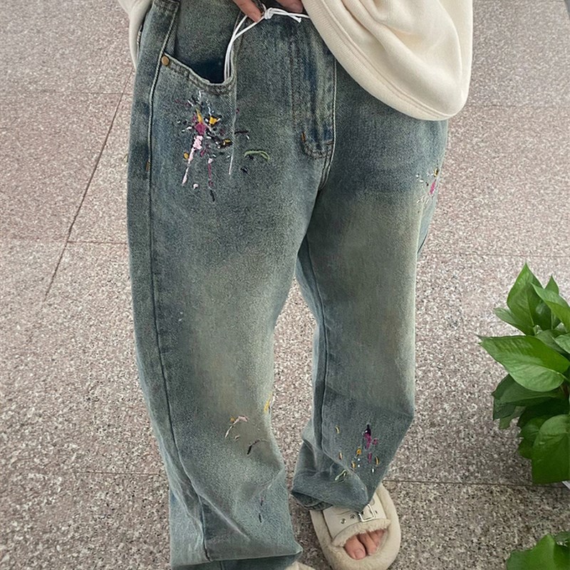 刺绣牛仔裤女秋冬新款胖妹妹mm高腰宽松显瘦直筒长裤梨形身材裤子