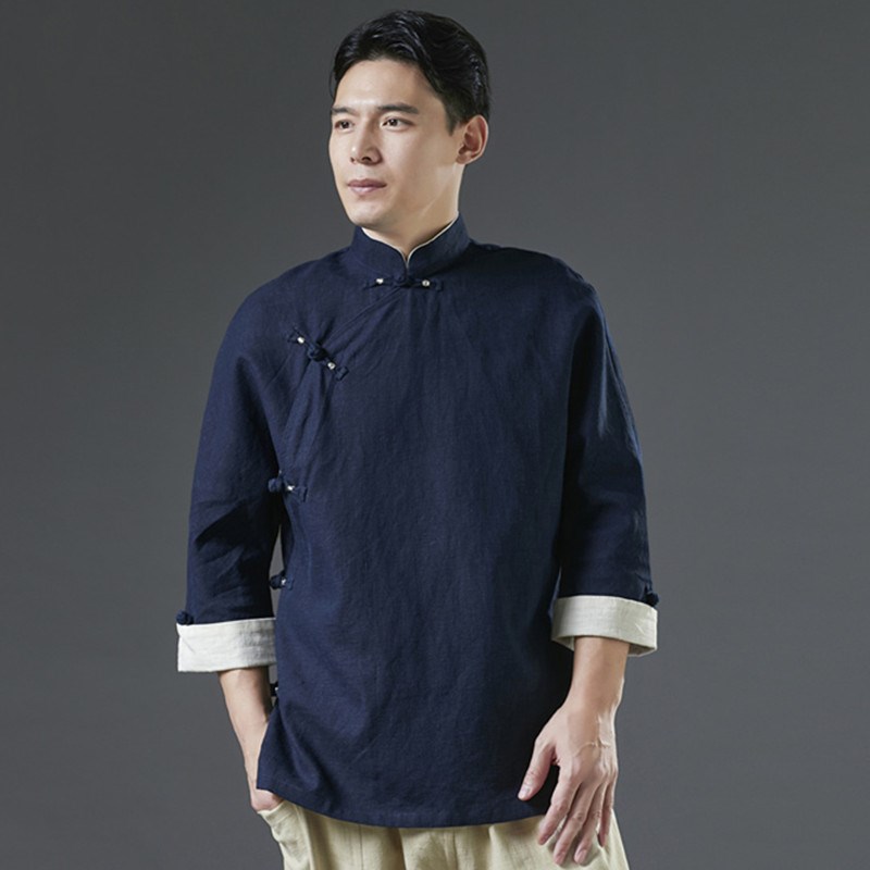 新中式春夏季款国风改良汉服中袖立领盘扣复古唐装男士茶禅意上衣