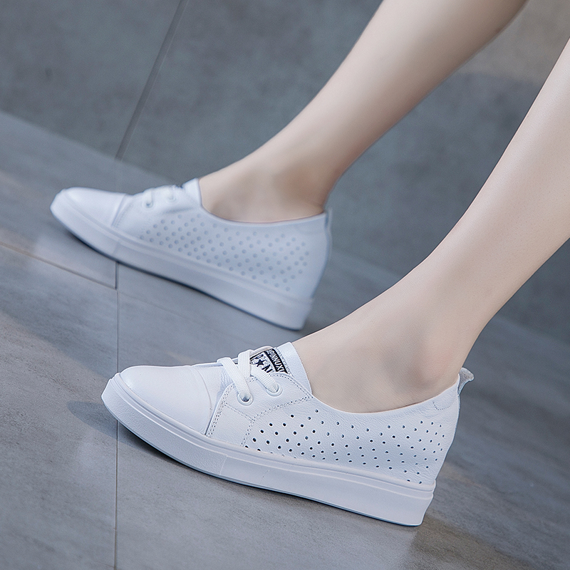 真皮春季内增高小白鞋女2021显瘦透气网红百搭镂空浅口一脚蹬白鞋