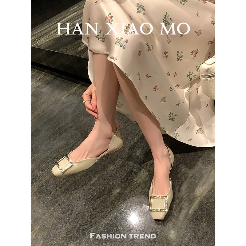 法式金属方扣浅口平底中空单鞋女夏季新款软底晚风温柔鞋大码女鞋
