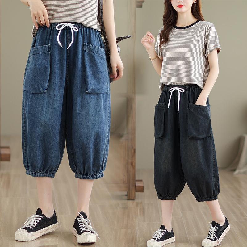 牛仔七分哈伦裤女2024年新款夏季小个子灯笼裤显瘦百搭束脚中裤子