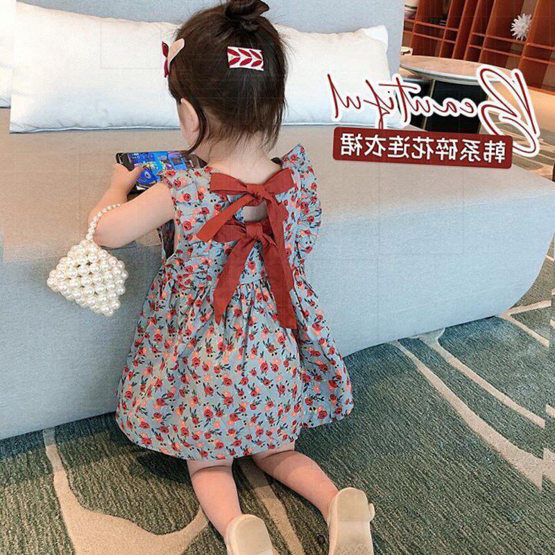女童飞袖背心碎花格子连衣裙夏装儿童洋气韩版女宝宝夏季公主裙子