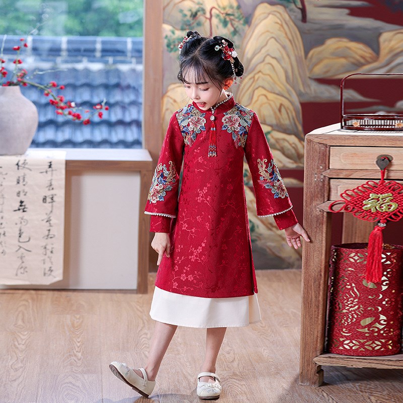 女孩新年裙子女童秋冬新中式国风旗袍2024新款儿童改良长袖连衣裙