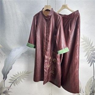 诗家~高货!正宗香云纱时尚皮料上衣+阔腿裤真丝两件套红云纱套装