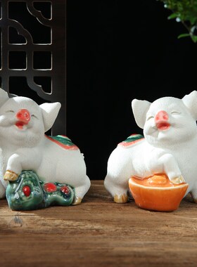 进宝小白猪 金玉满堂石湾公仔中式陶瓷工艺品动物摆设创意装饰