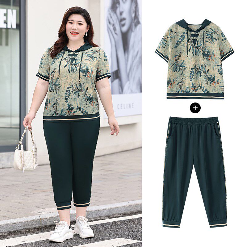 Q大码女装休闲时尚套装洋气妈妈雪纺上衣连帽夏装跑步运动两件套