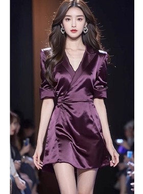 高端精致紫色vh领短袖西装连衣裙女夏季新款醋酸绸面绝美中长裙子