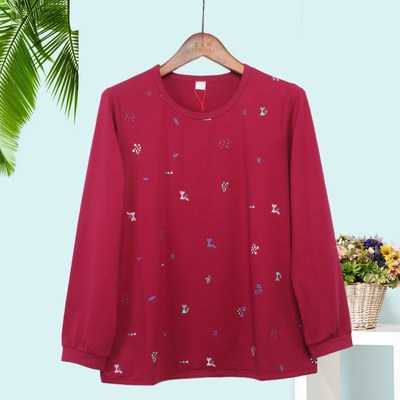 千美中老年妈妈秋装长袖加大加肥薄款纯棉女装上衣宽松.打底衫t恤