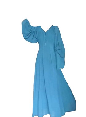 大码胖妹妹法式小众蓝色连衣v裙女新款春夏高级感漂亮收腰显瘦长